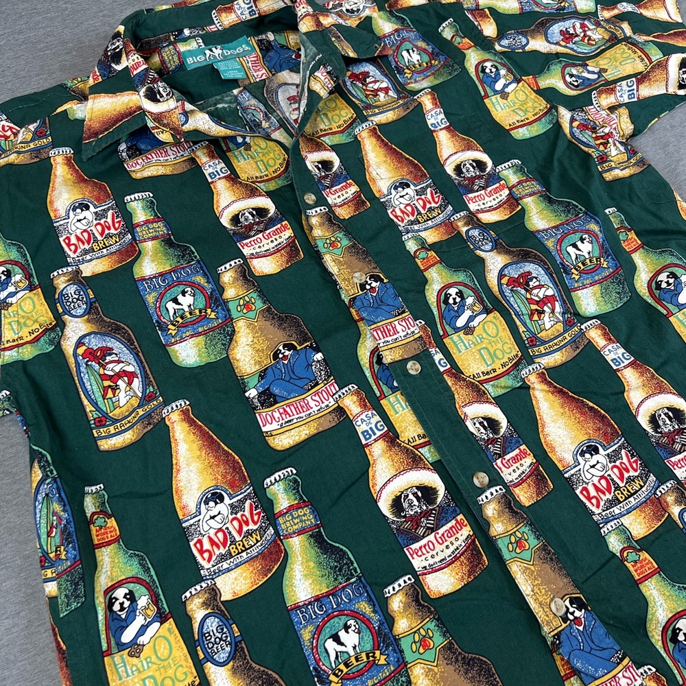 Vintage Big Dogs Green Casual Button Down Shirt with Beer Bottle Print